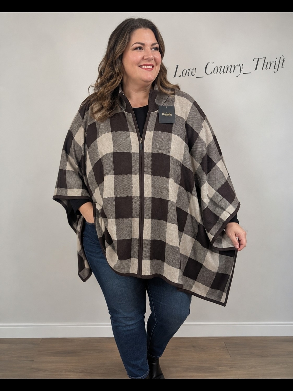 NWT Rafaella 3X Dark Chocolate Plaid Zip Poncho Sweater Cape